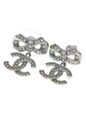 Chanel Rhinestone Ribbon CC Logo Earrings Silver